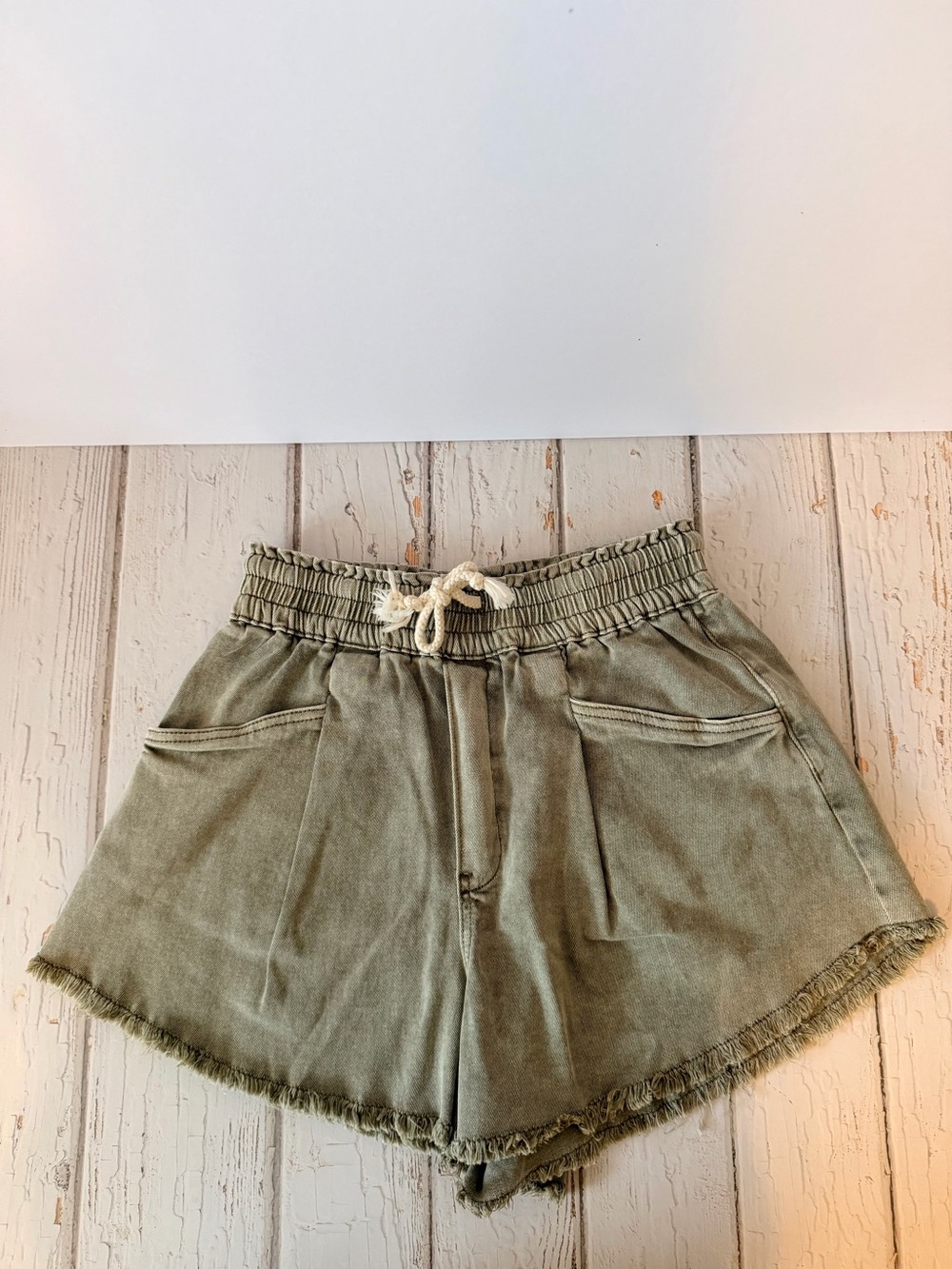 Zenana Outfitters Olive Drawstring Frayed-Hem Athletic Shorts